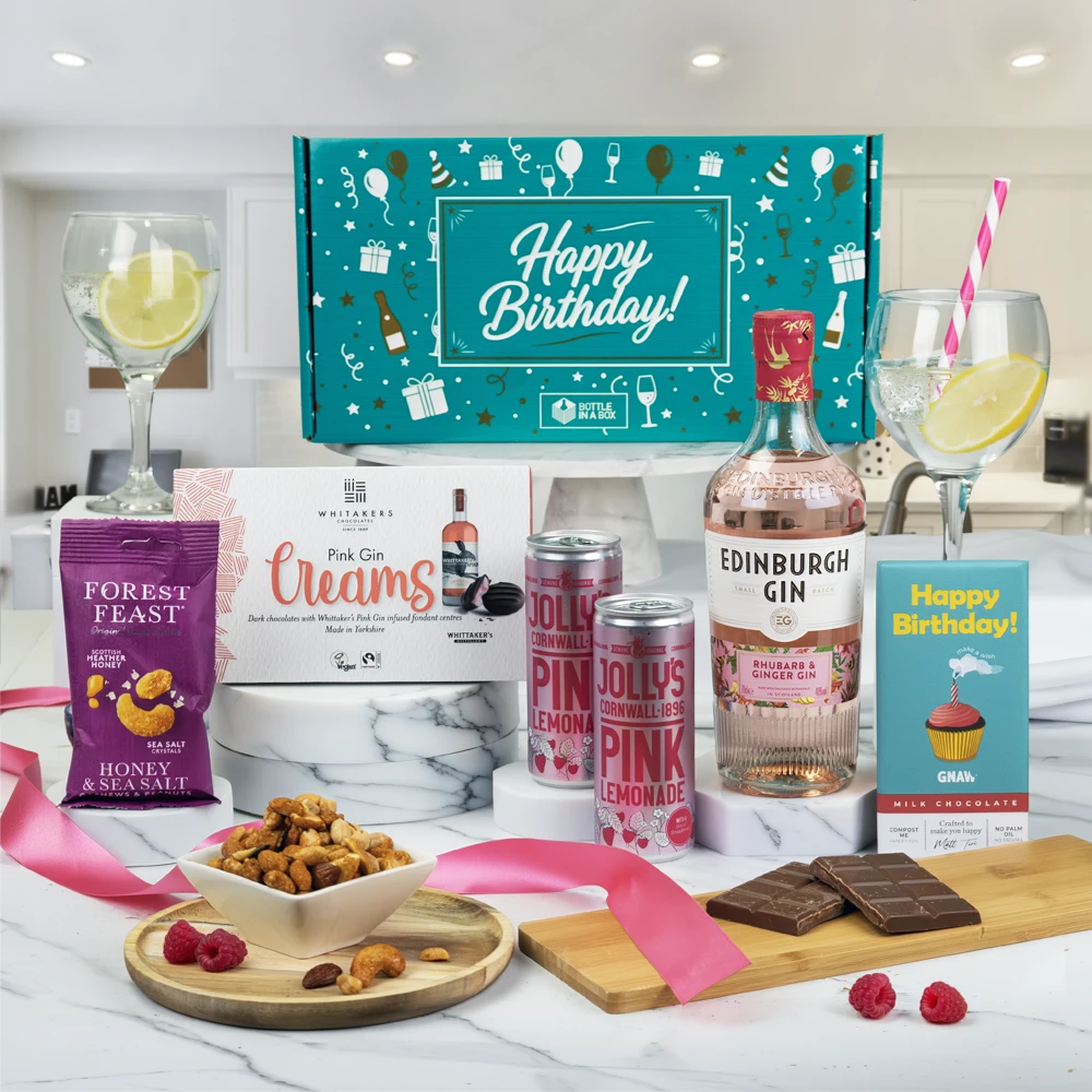 Birthday Pink Gin Gift Set with Edinburgh Gin Rhubarb and Ginger, Jolly’s Pink Lemonade, chocolate and birthday treats