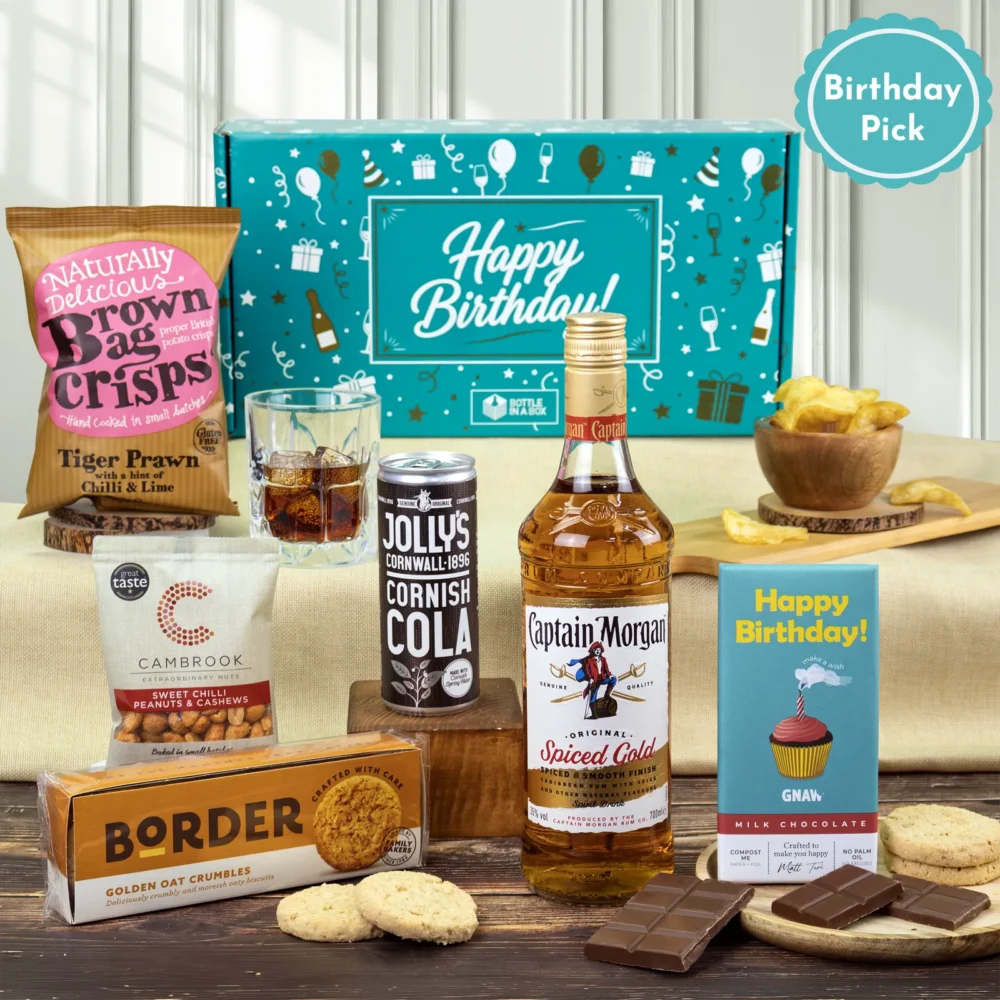 Captain Morgan Birthday Rum Gift Set with Cornish cola, birthday chocolate, biscuits, crisps and nuts