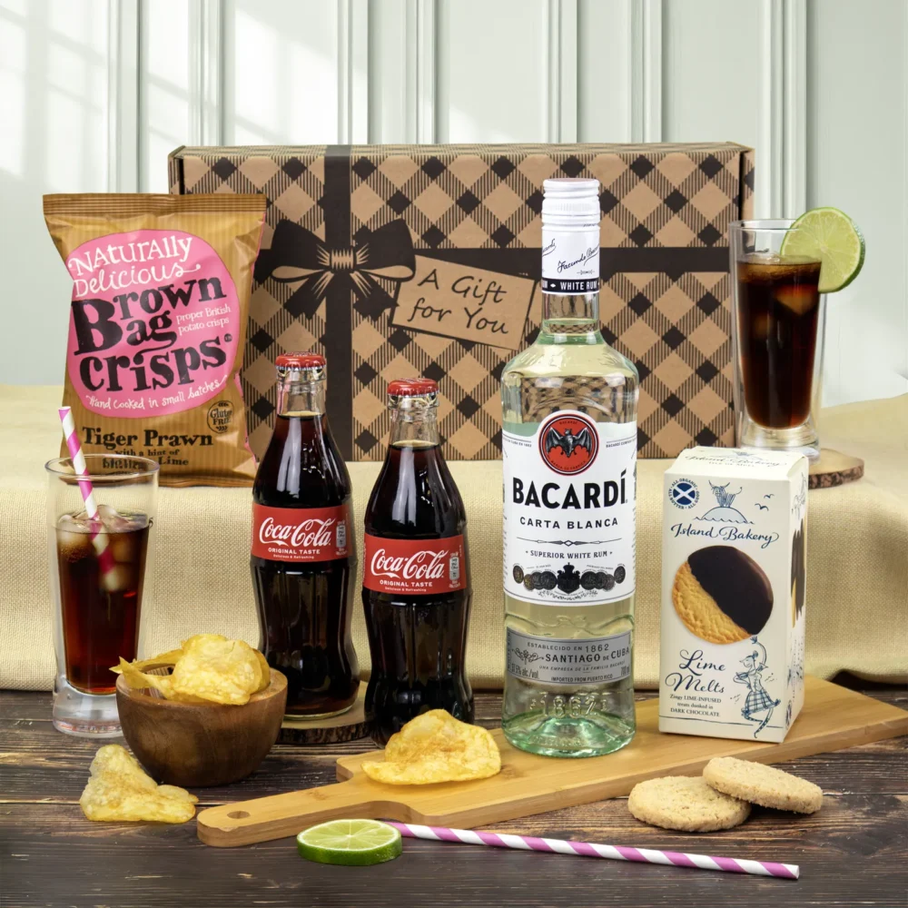 Bacardi white rum gift set with two Coca-Cola bottles, Lime Melts and chilli and lime crisps