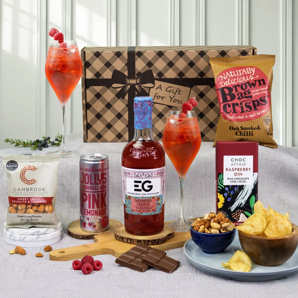 Edinburgh Gin Raspberry Liqueur Gift Set with pink lemonade, raspberry gin chocolate, crisps, peanuts and gift box