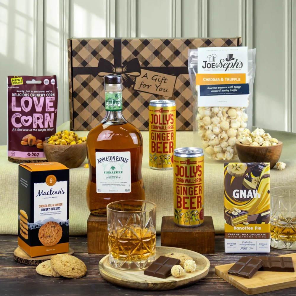 Appleton Estate Jamaican Rum Gift Set with ginger beer, biscuits, chocolate, popcorn and savoury snacks